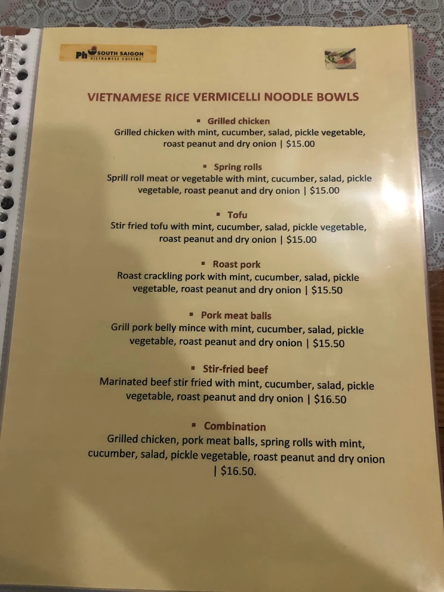 Menu, Pho South Saigon Vietnamese Cuisine