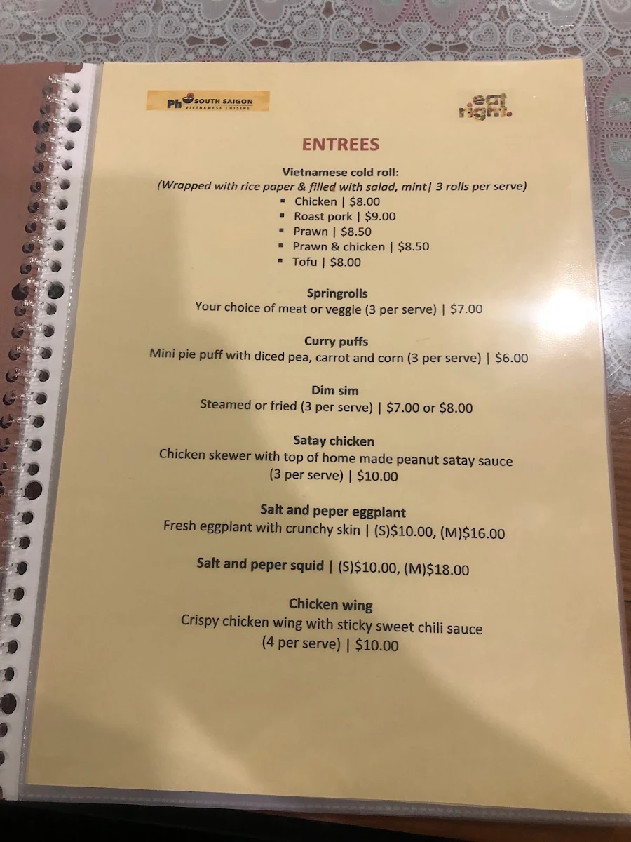 Menu, Pho South Saigon Vietnamese Cuisine