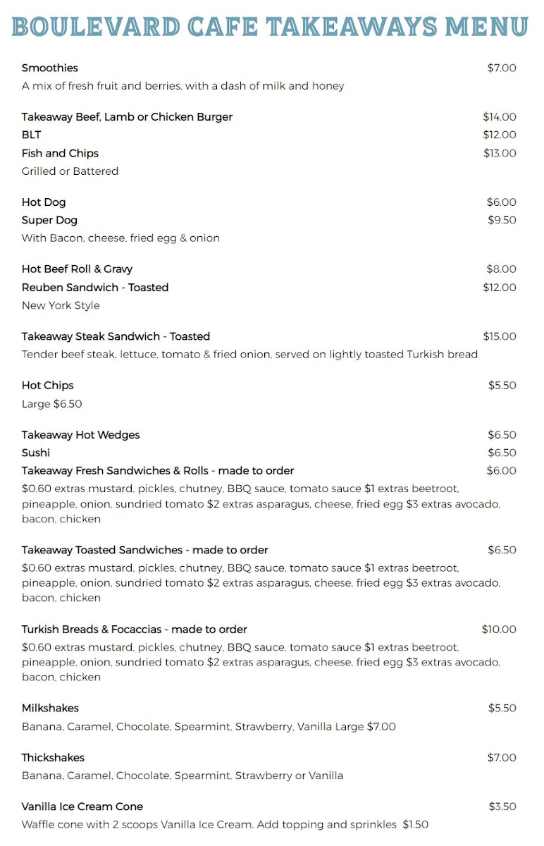 Menu, Boulevard Cafe and Tearooms