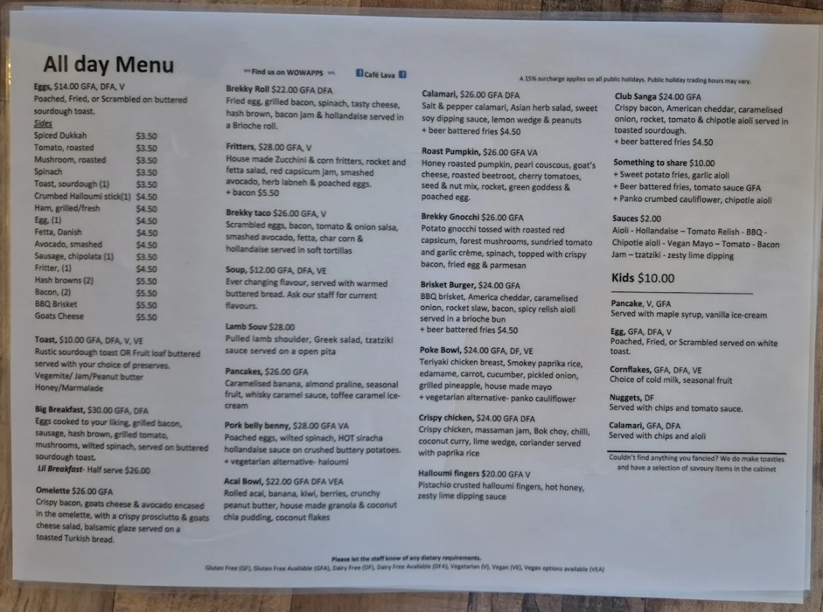 Menu, Cafe Lava