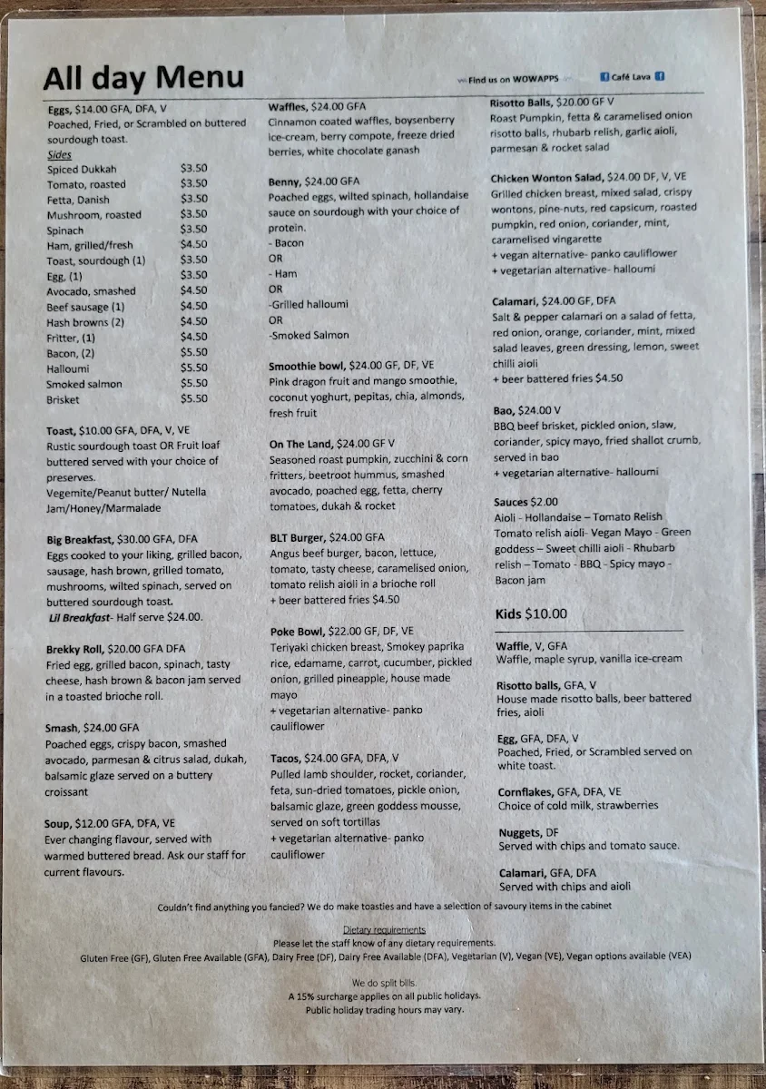 Menu, Cafe Lava