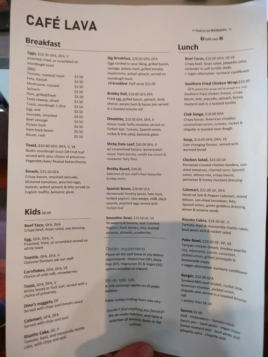 Menu, Cafe Lava