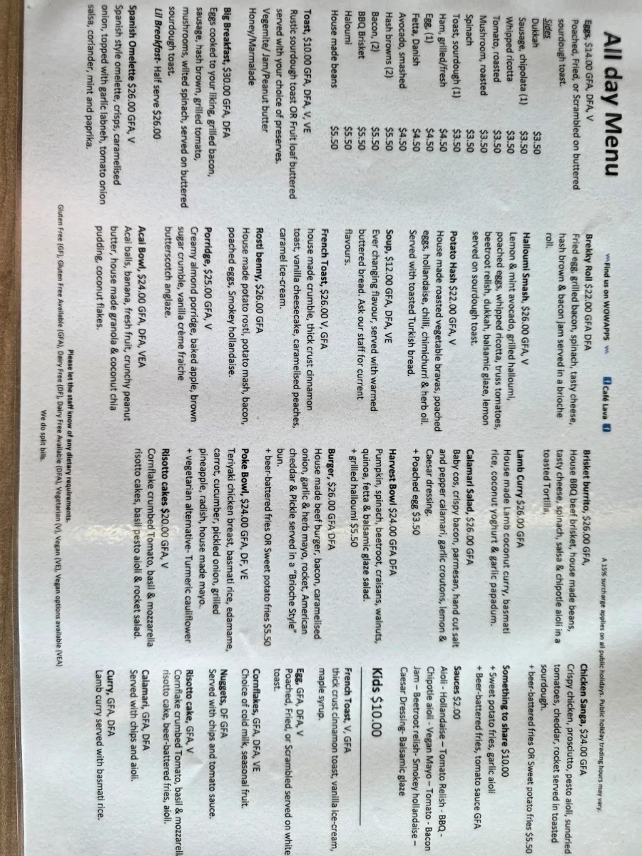Menu, Cafe Lava
