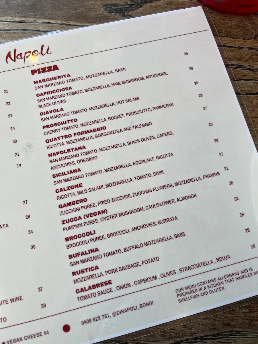 Menu, Di Napoli Pizzeria