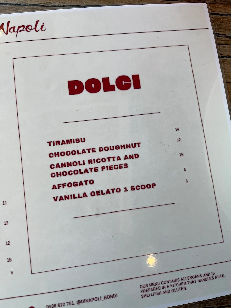 Menu, Di Napoli Pizzeria