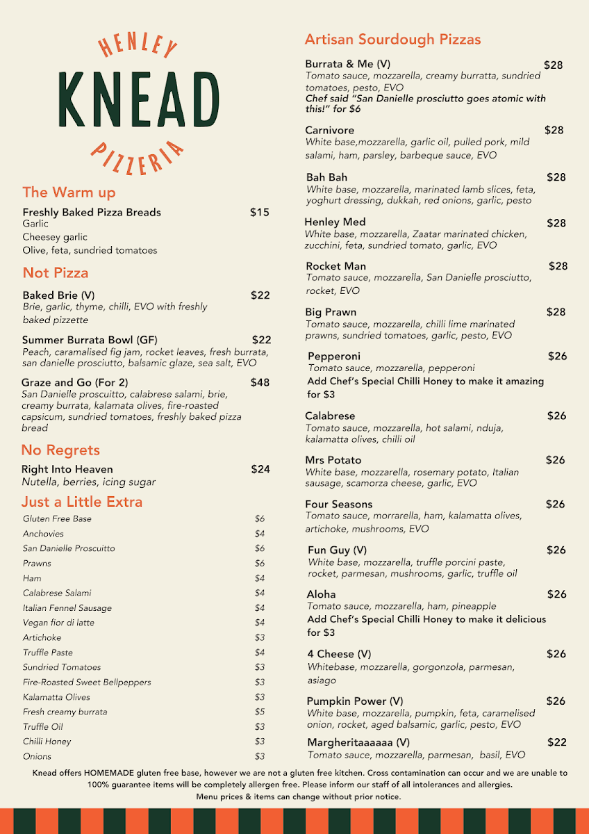 Menu, Knead Pizzeria Henley Beach