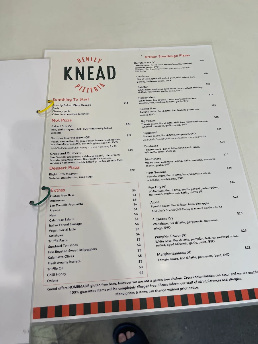 Menu, Knead Pizzeria Henley Beach