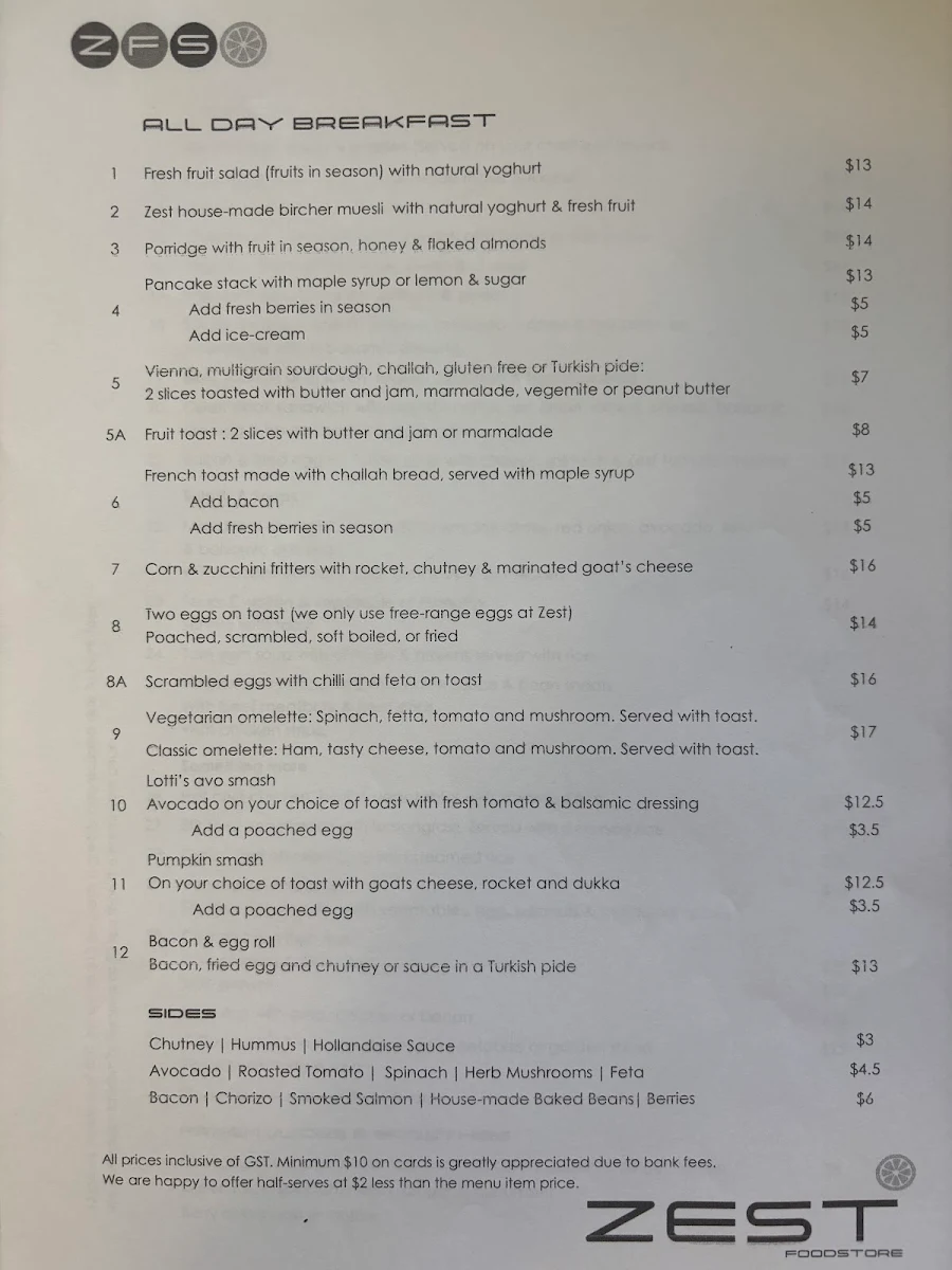 Menu, Zest in Food