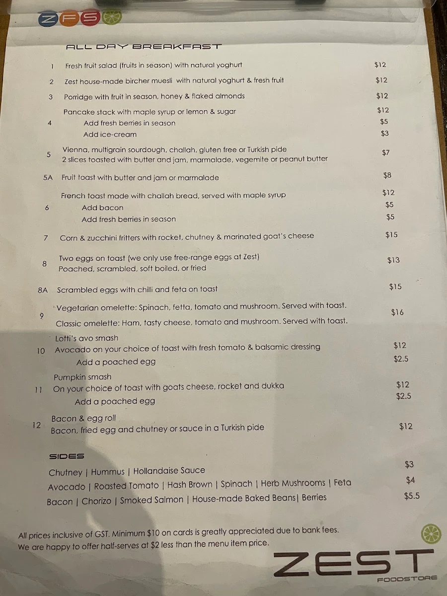 Menu, Zest in Food