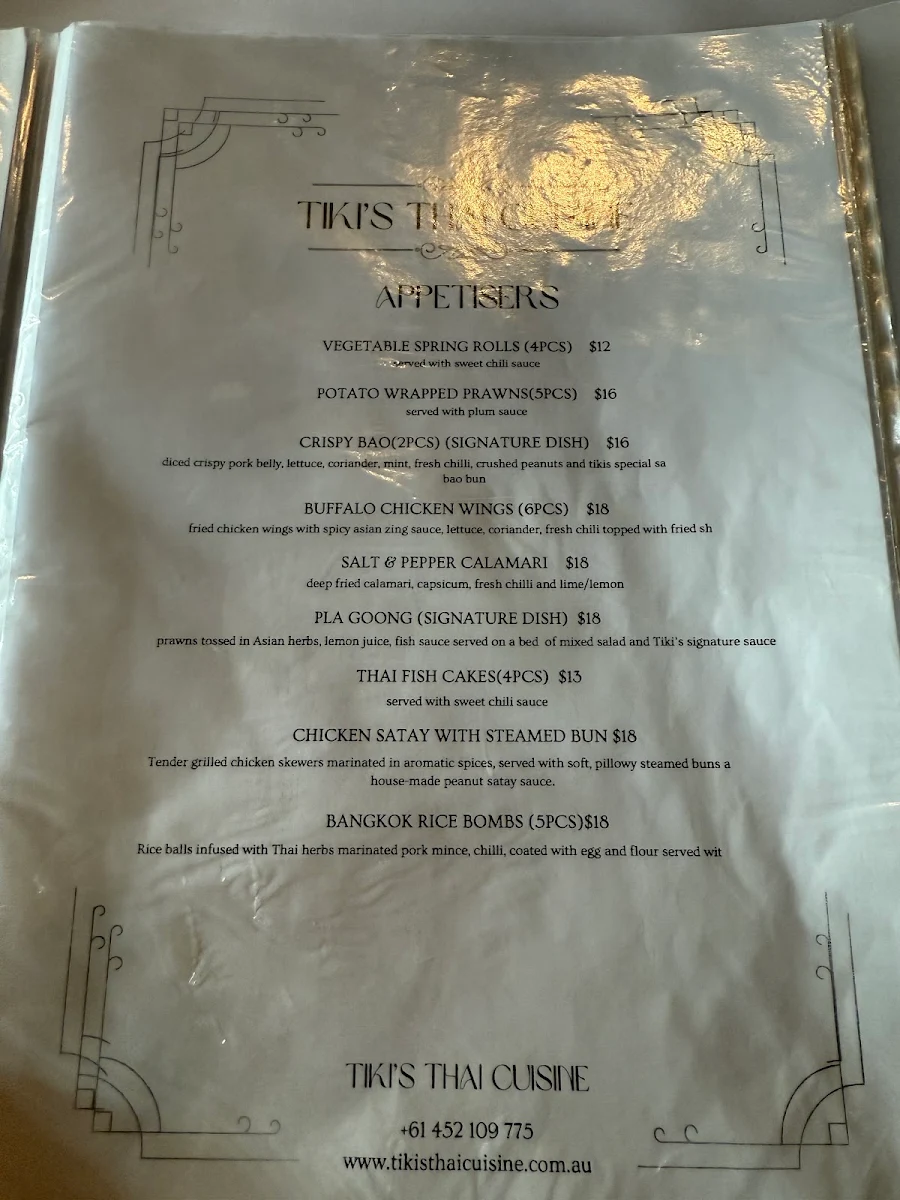 Menu, Tiki's Thai Cuisine