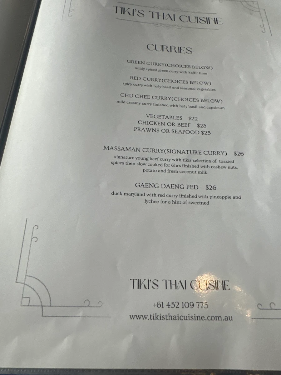 Menu, Tiki's Thai Cuisine