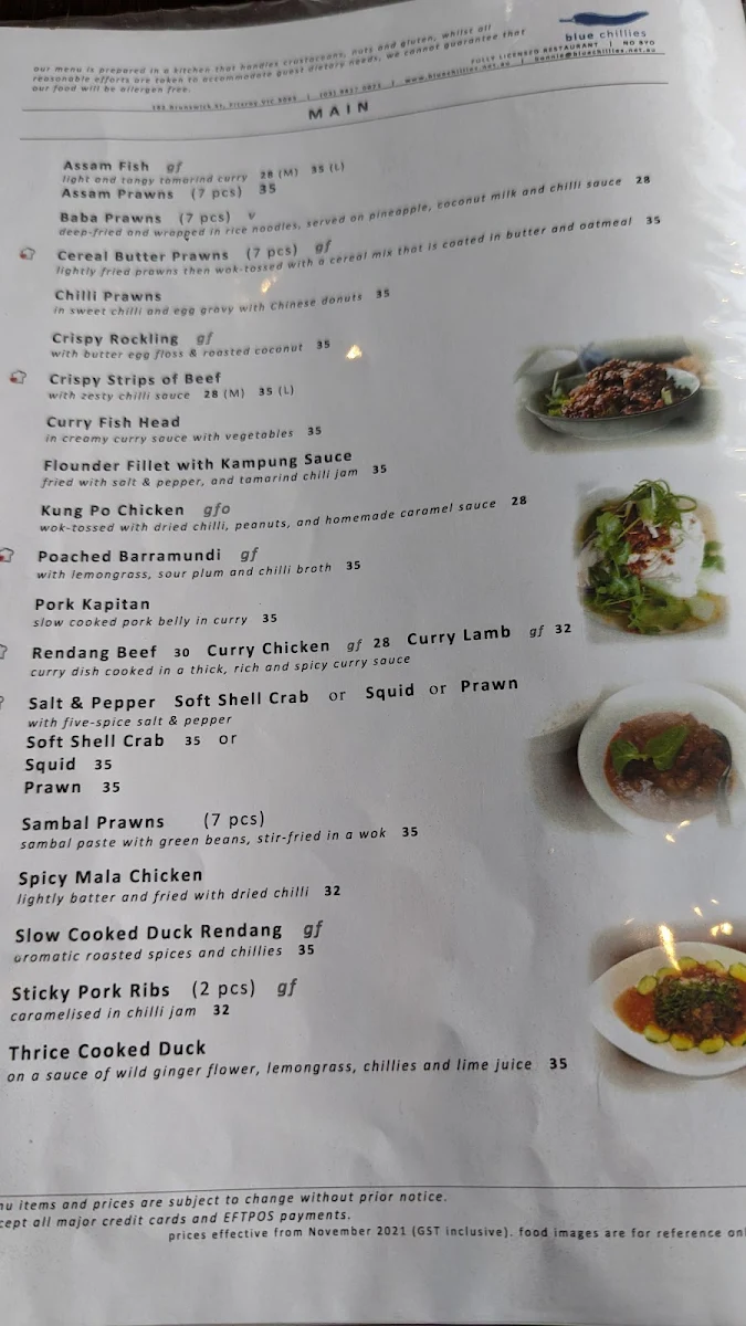 Menu, Blue Chillies