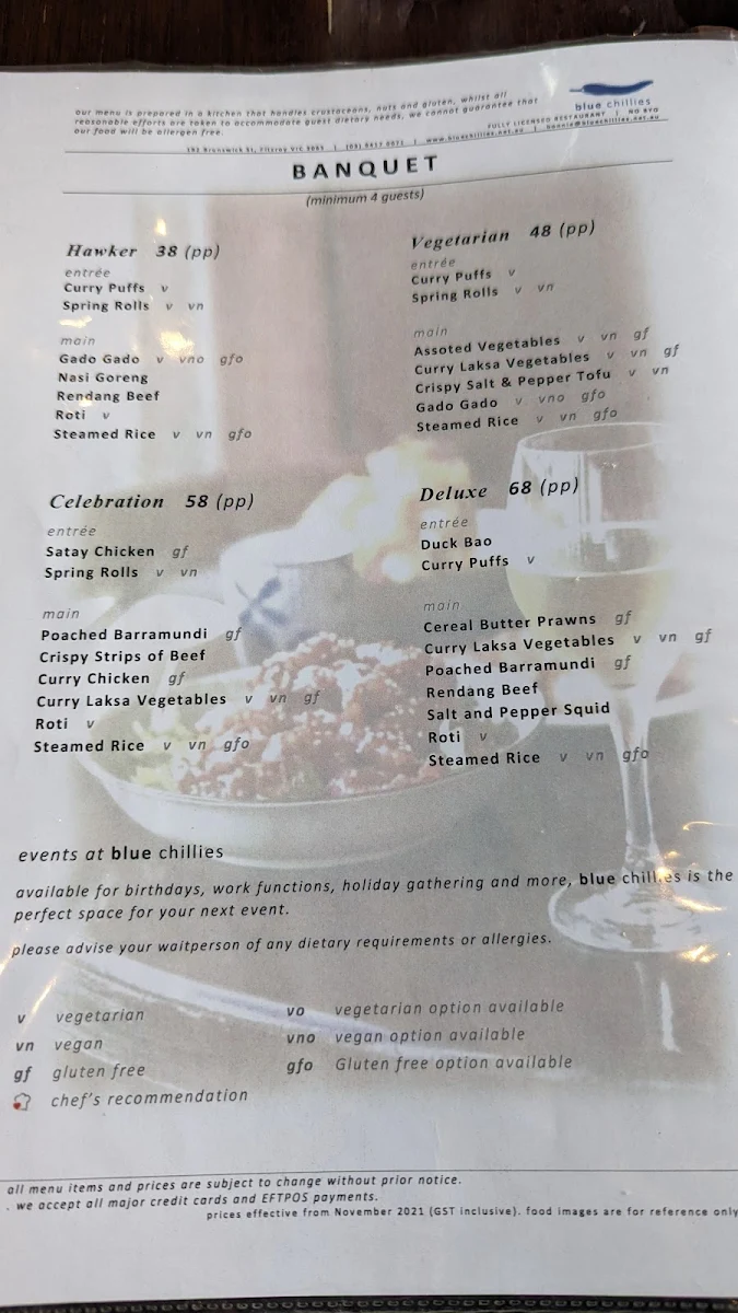 Menu, Blue Chillies