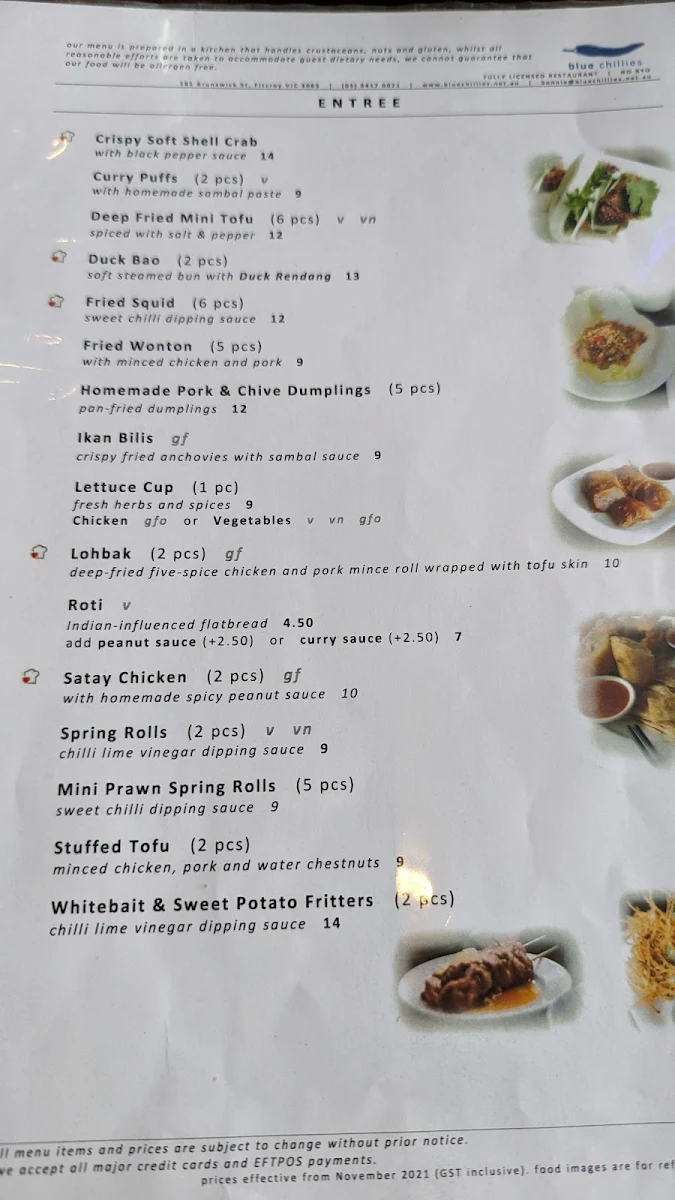 Menu, Blue Chillies