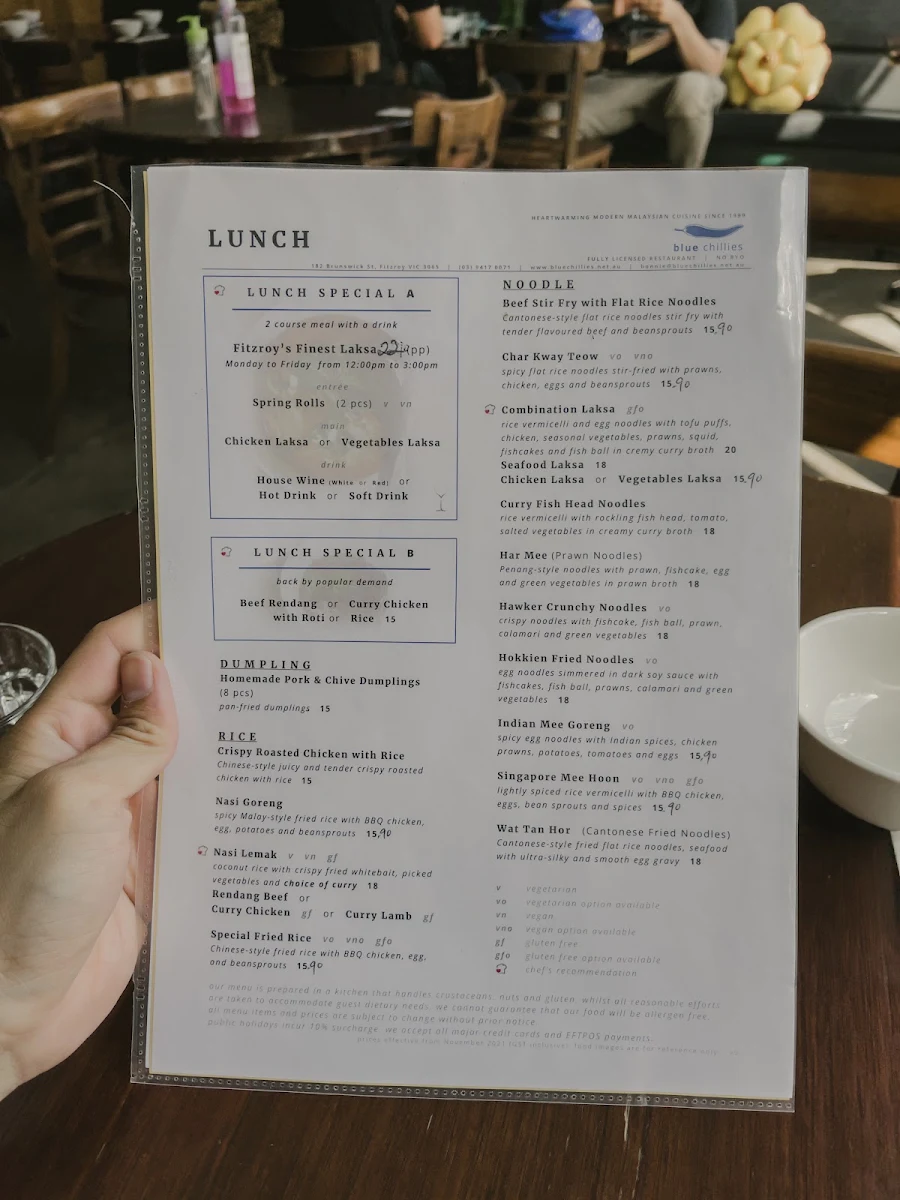 Menu, Blue Chillies