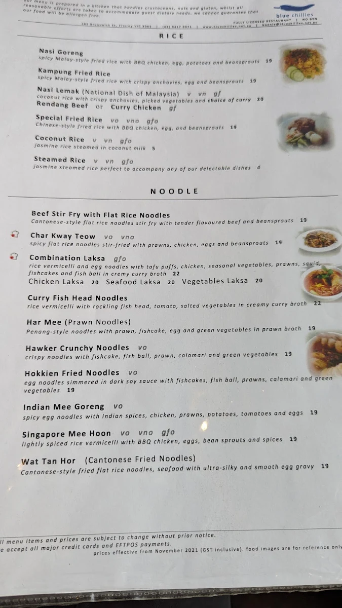 Menu, Blue Chillies