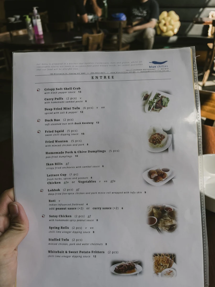 Menu, Blue Chillies
