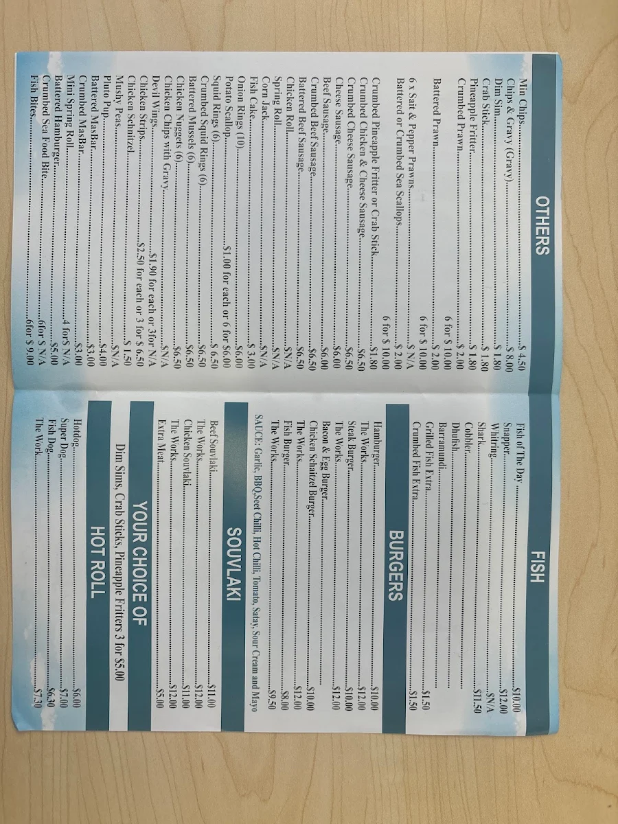 Menu, Parmelia Fish & Chips