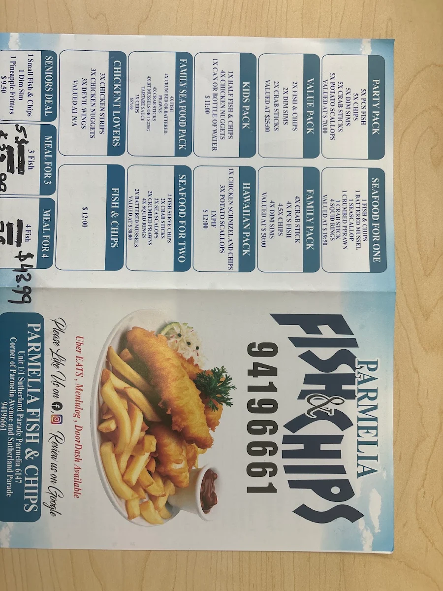 Menu, Parmelia Fish & Chips