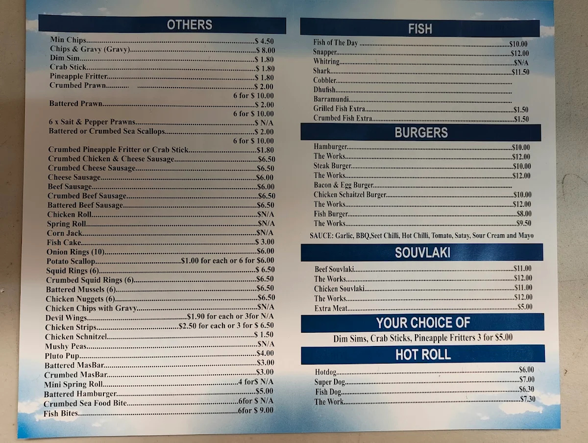 Menu, Parmelia Fish & Chips