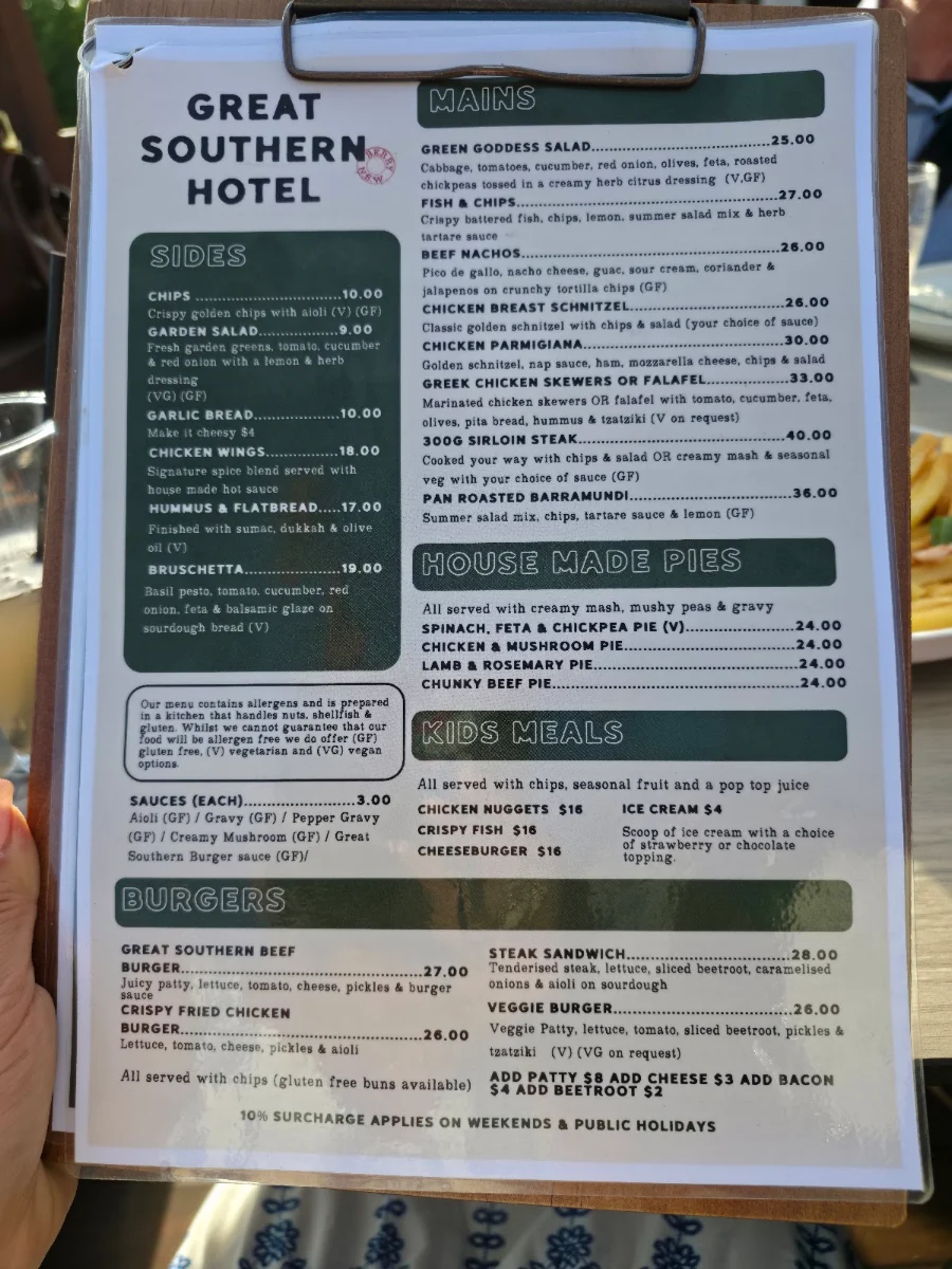 Menu, Great Southern Hotel Berry