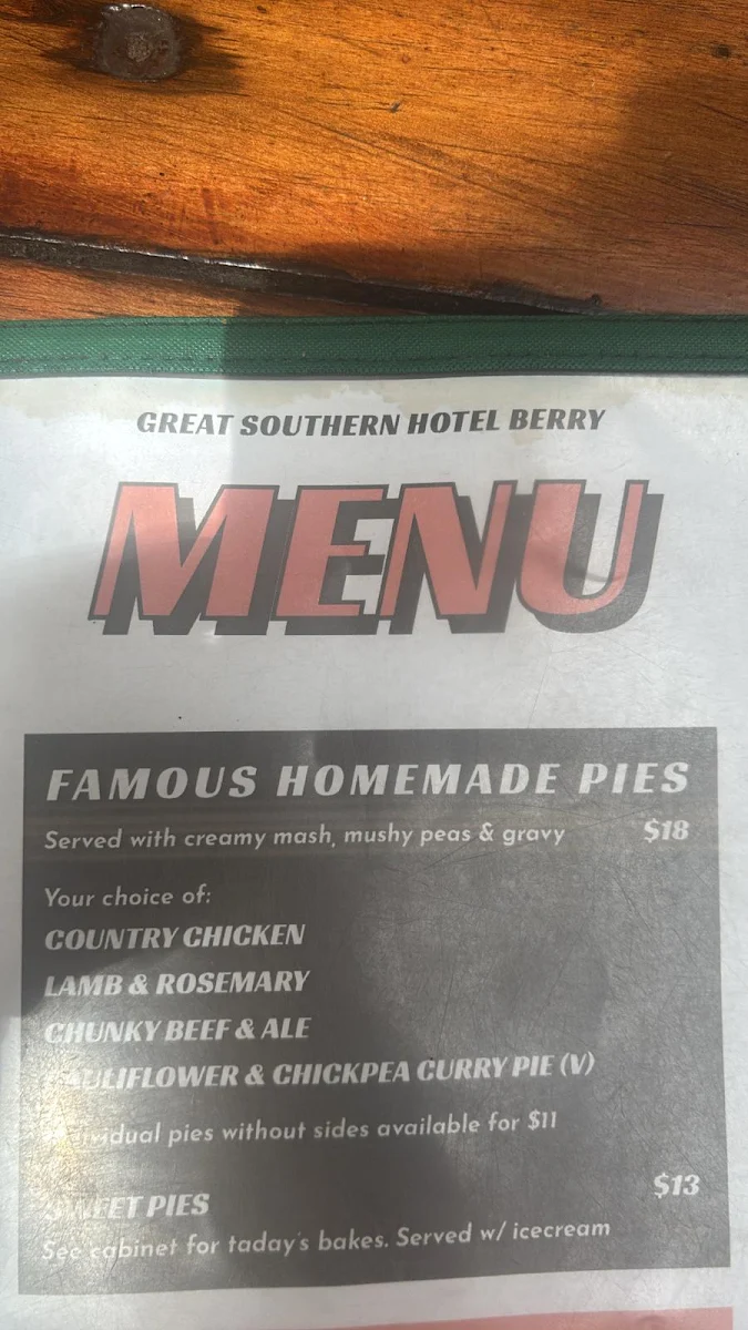Menu, Great Southern Hotel Berry