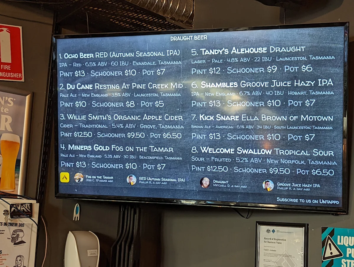 Menu, Tandy's Alehouse