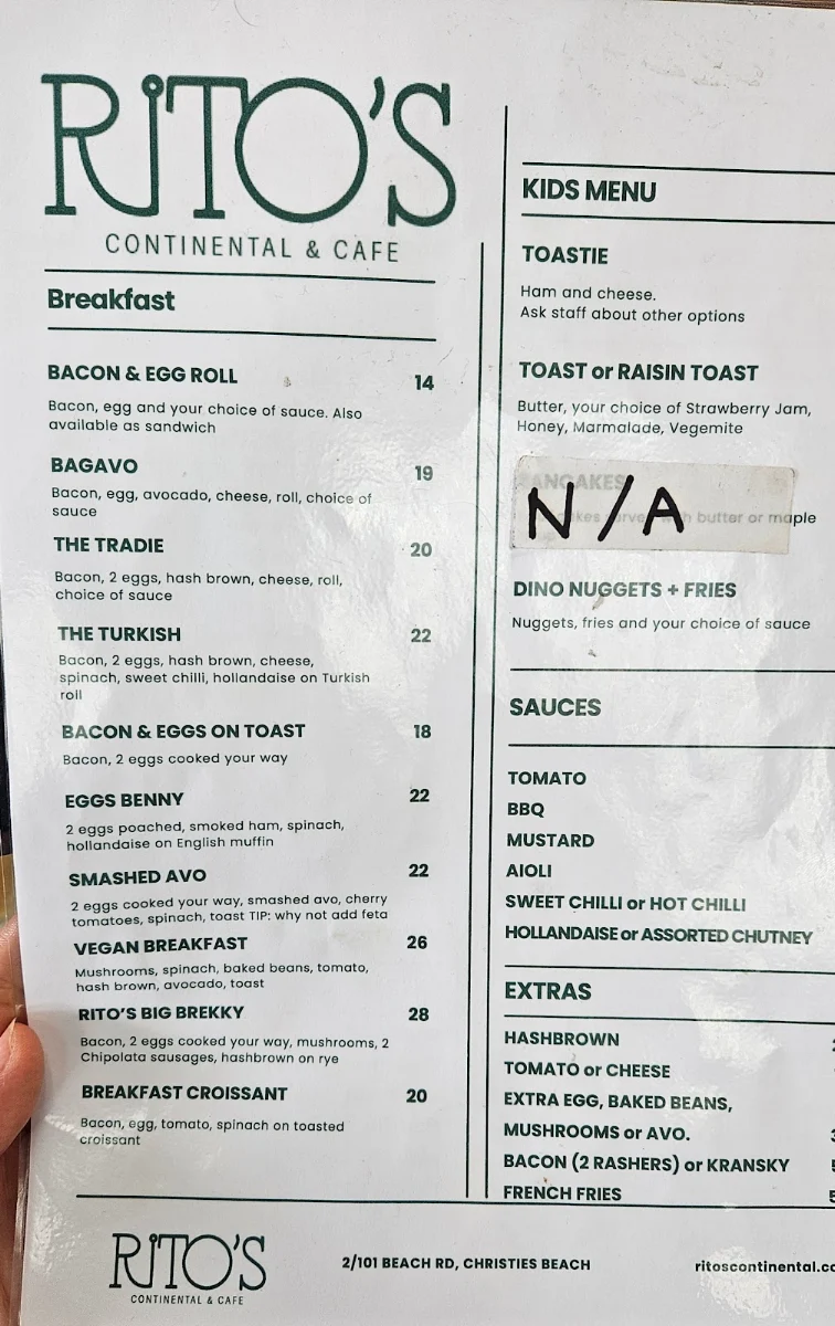 Menu, Rito's Cafe
