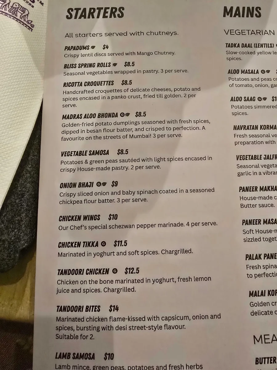Menu, Bombay Bliss Indian Restaurant - Coolum Beach