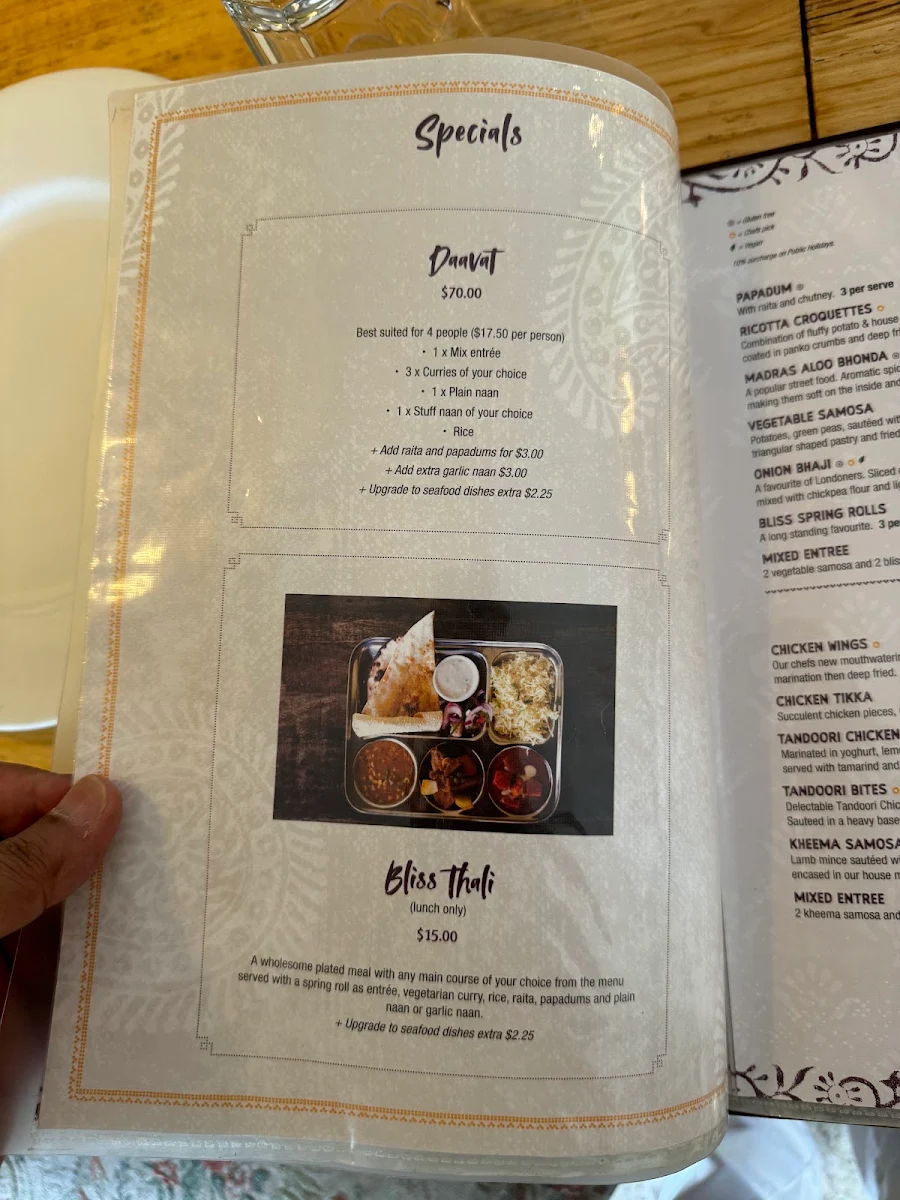 Menu, Bombay Bliss Indian Restaurant - Coolum Beach