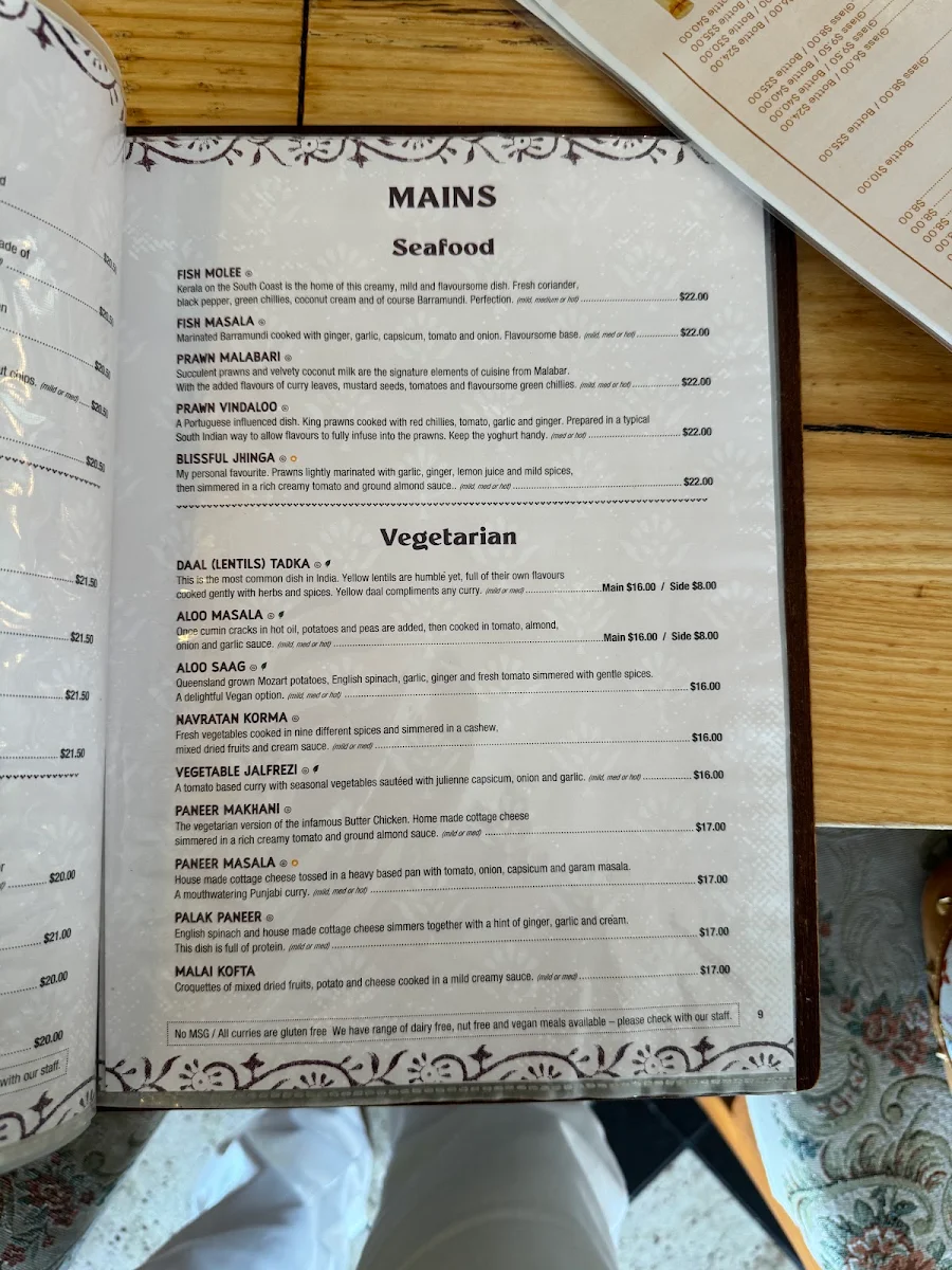 Menu, Bombay Bliss Indian Restaurant - Coolum Beach