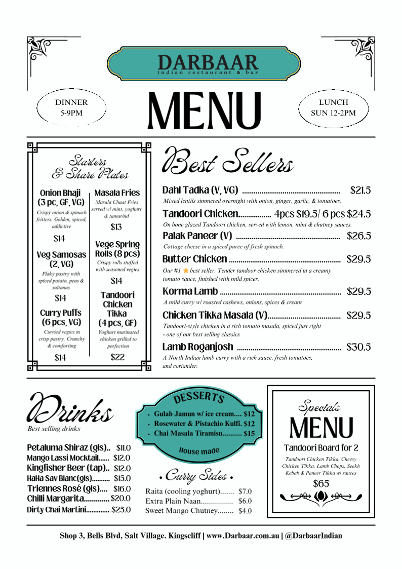Menu, Darbaar Indian Restaurant & Bar