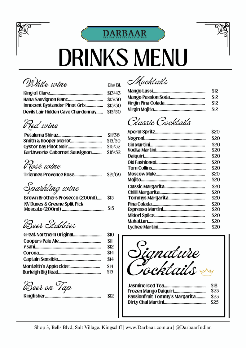 Menu, Darbaar Indian Restaurant & Bar