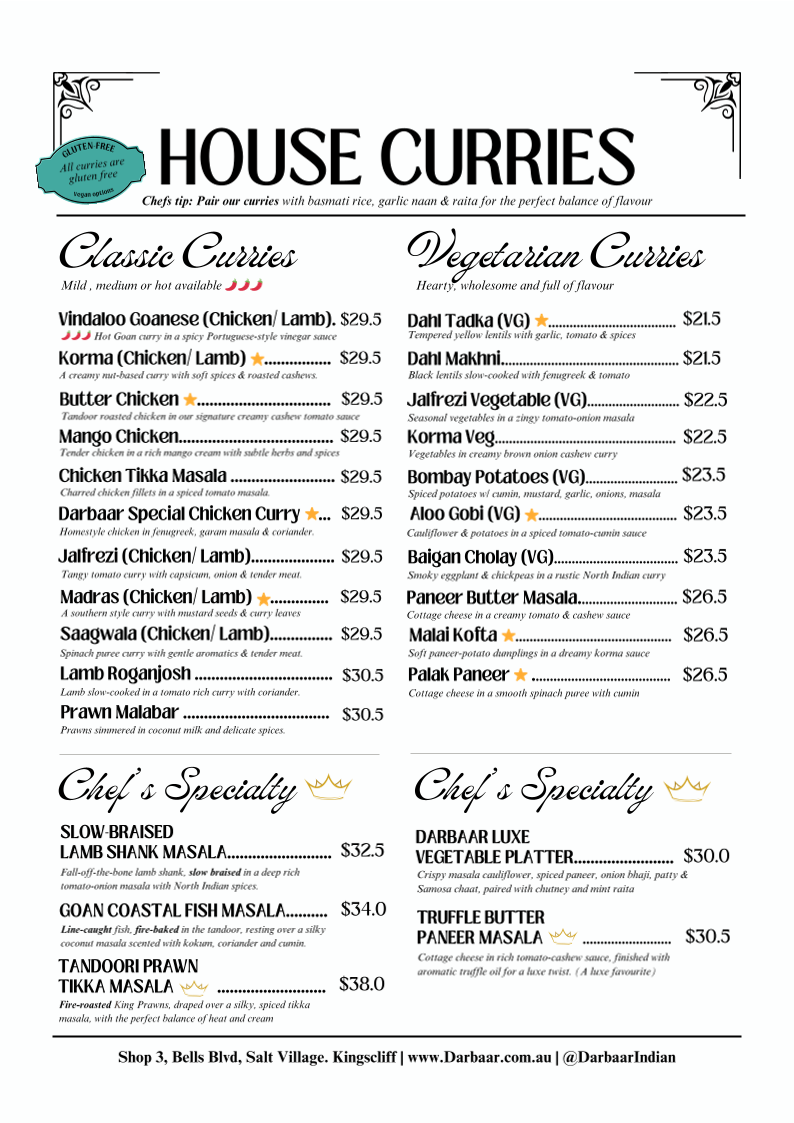 Menu, Darbaar Indian Restaurant & Bar