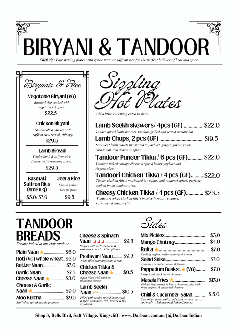 Menu, Darbaar Indian Restaurant & Bar