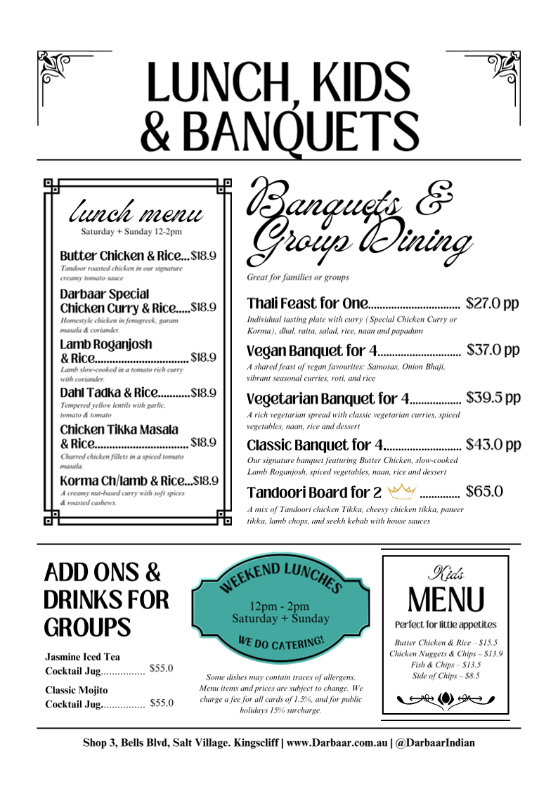 Menu, Darbaar Indian Restaurant & Bar