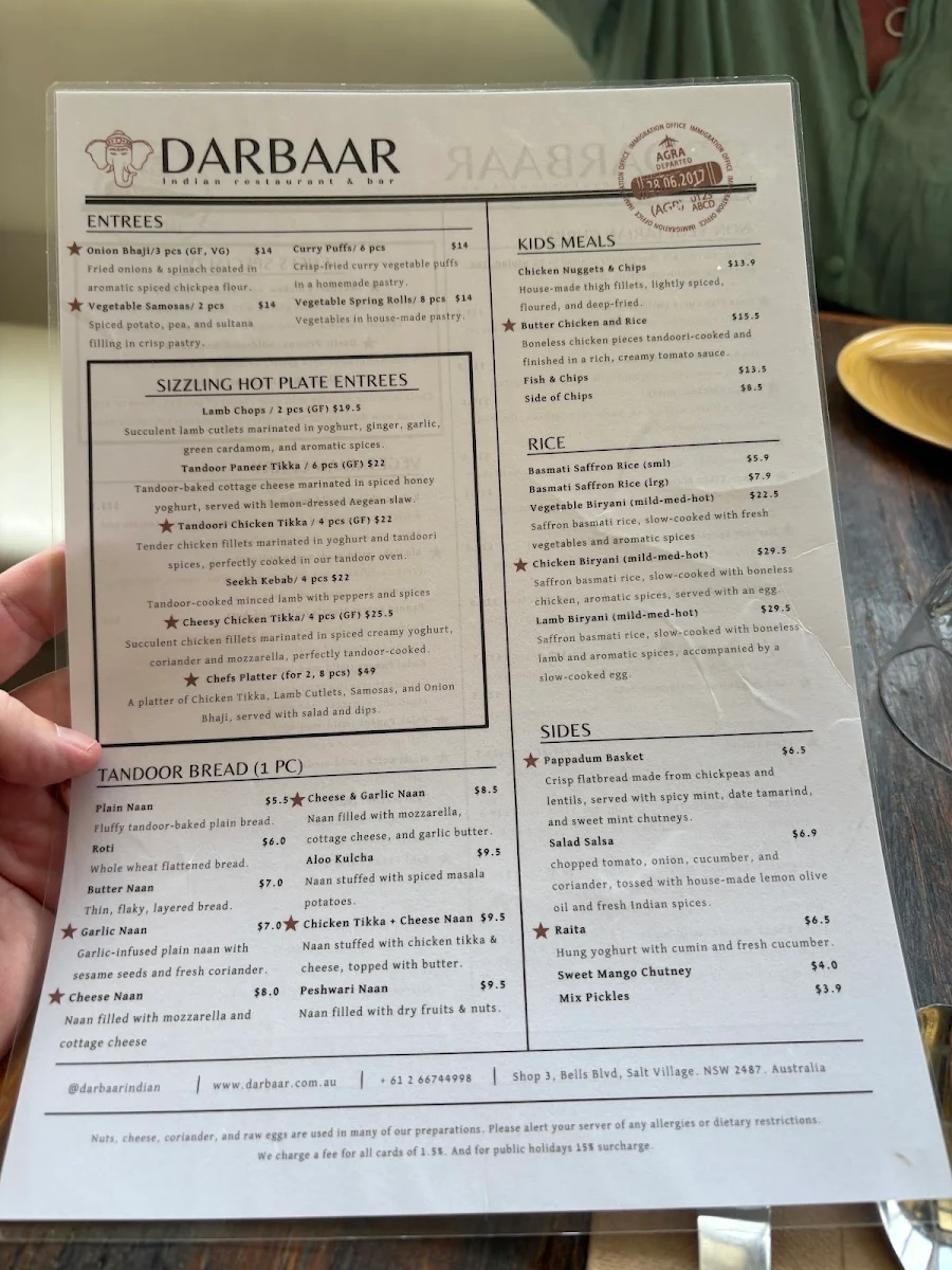 Menu, Darbaar Indian Restaurant & Bar