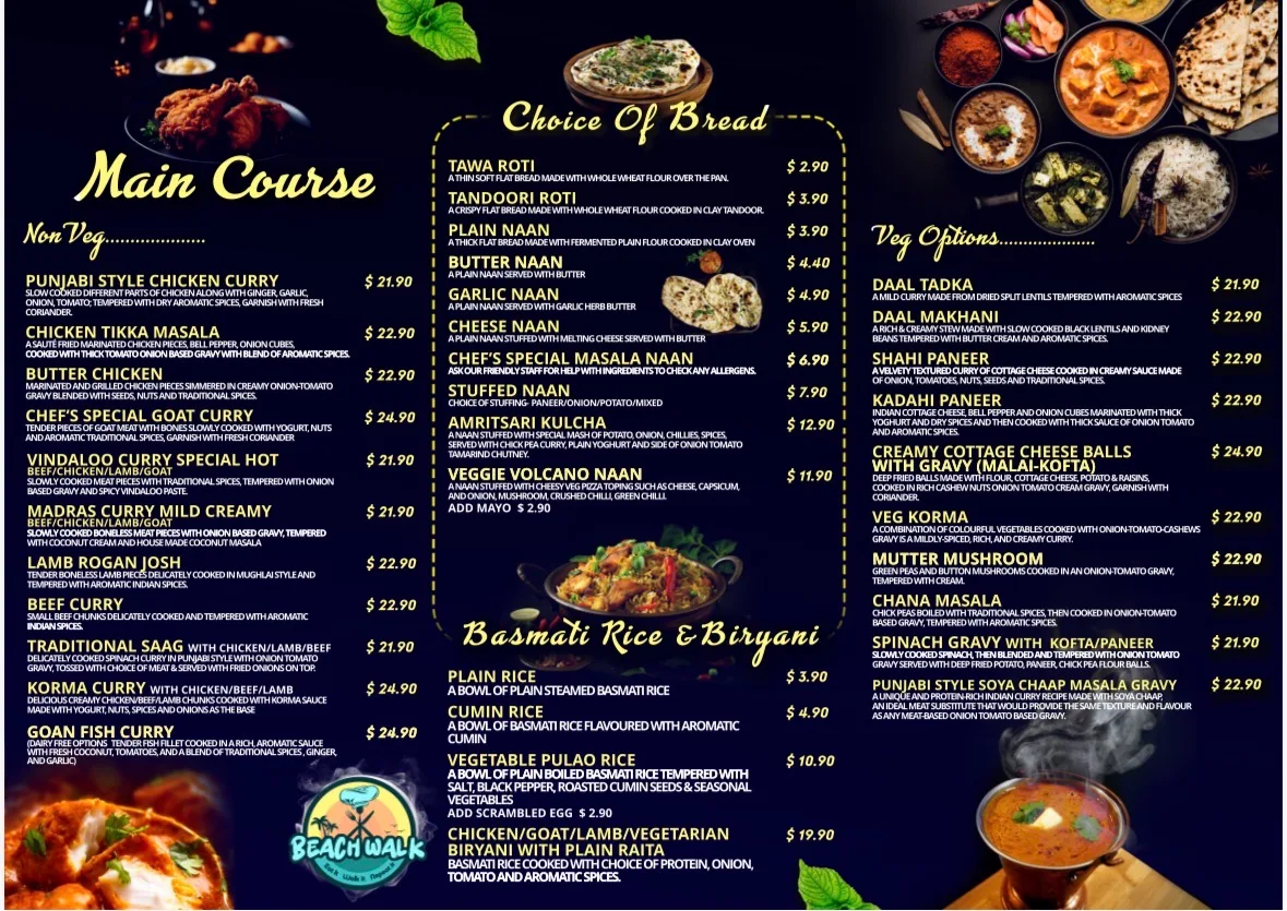 Menu, Beach Walk_ Indian restaurant Glenelg