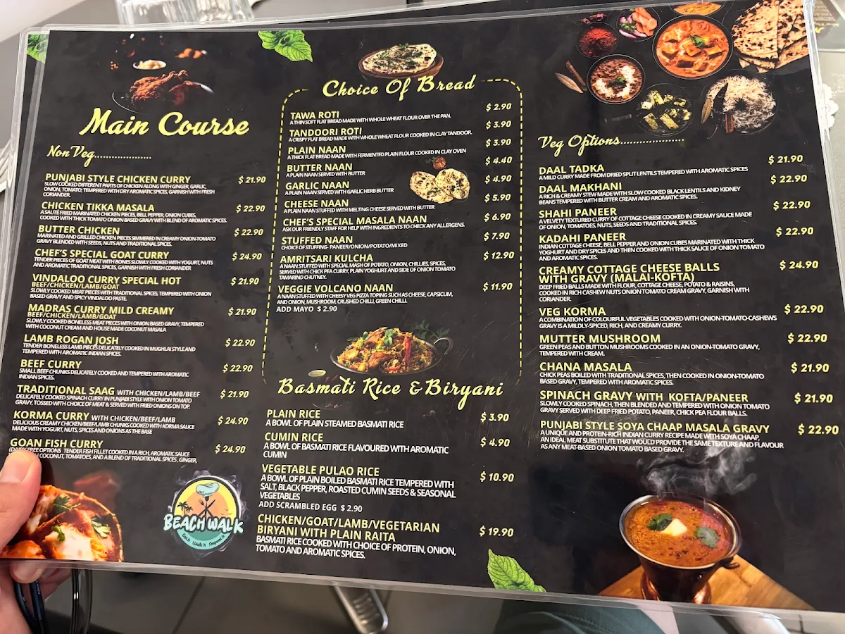 Menu, Beach Walk_ Indian restaurant Glenelg