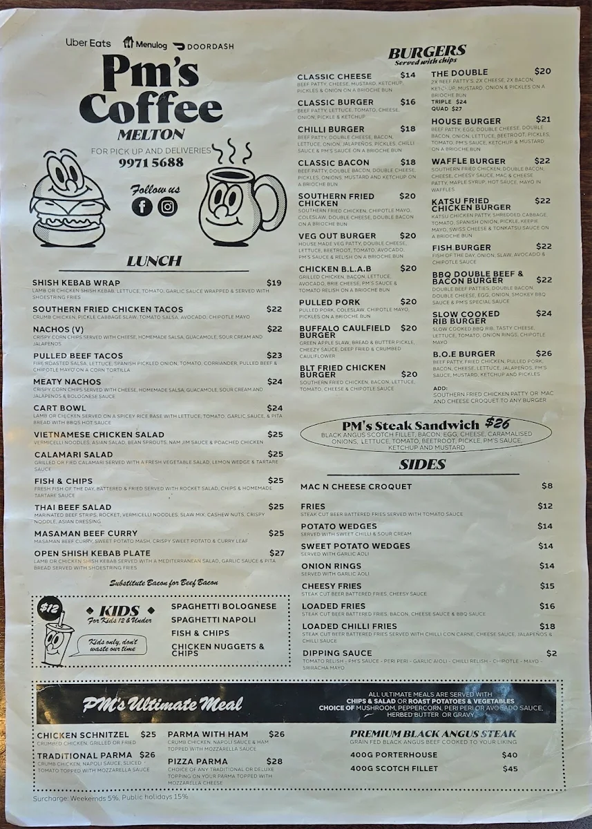 Menu, PM's Coffee