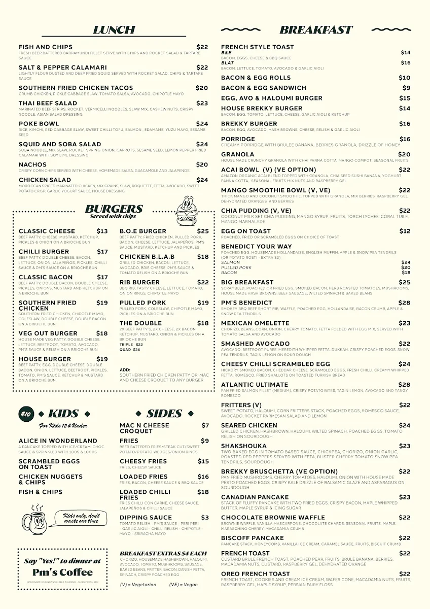 Menu, PM's Coffee