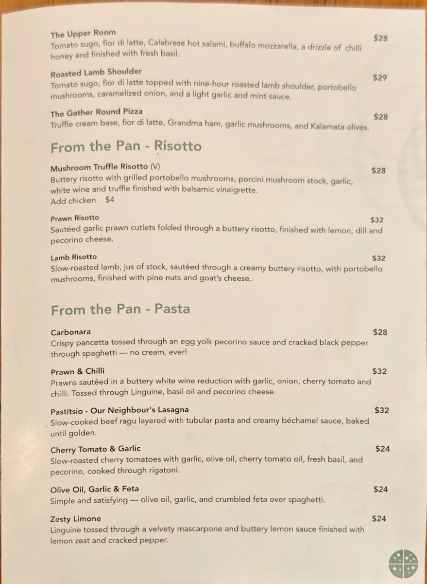 Menu, Gather Round Pizza