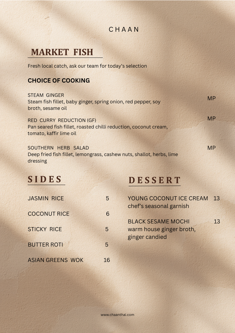 Menu, Chaan Thai Restaurant
