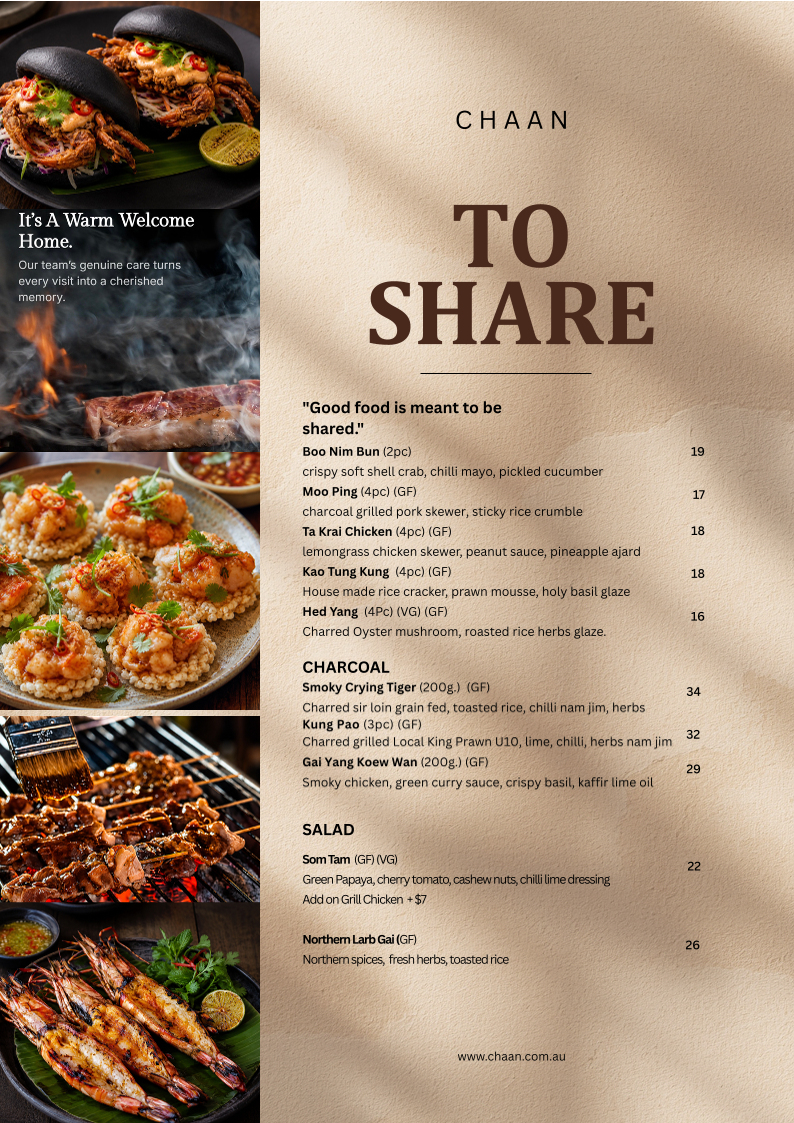 Menu, Chaan Thai Restaurant