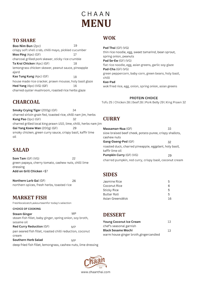 Menu, Chaan Thai Restaurant