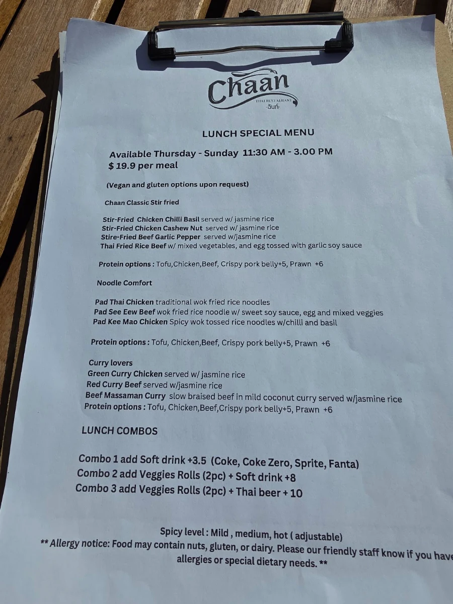Menu, Chaan Thai Restaurant