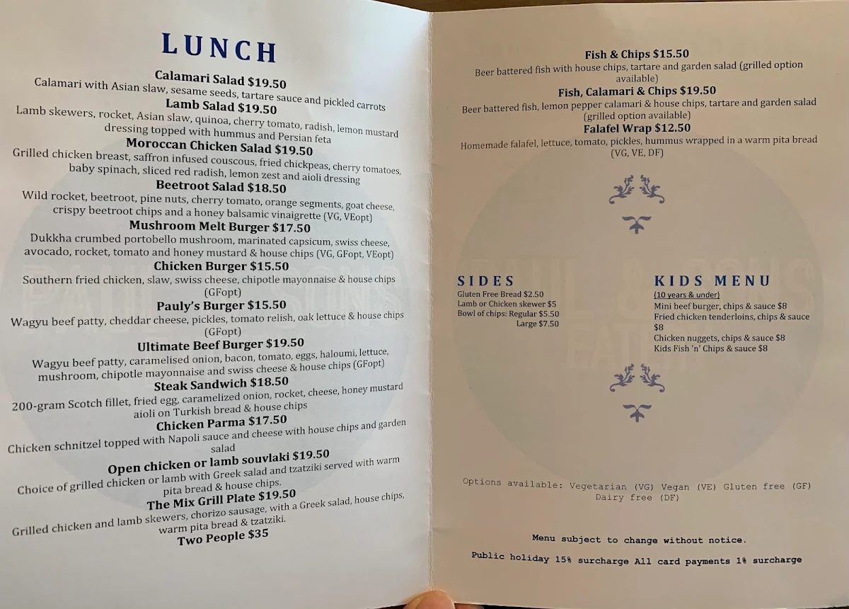 Menu, Paul and Sons Eatery
