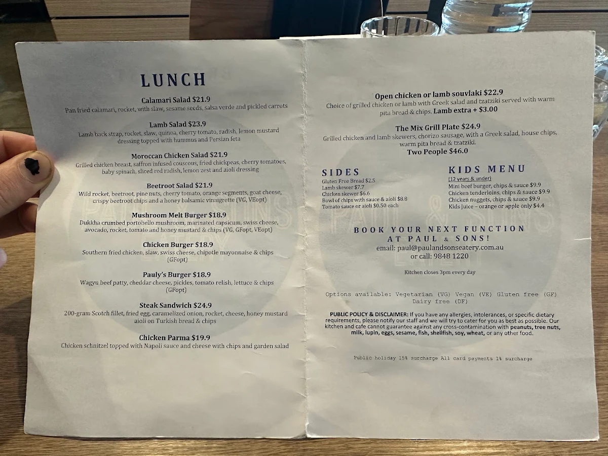 Menu, Paul and Sons Eatery