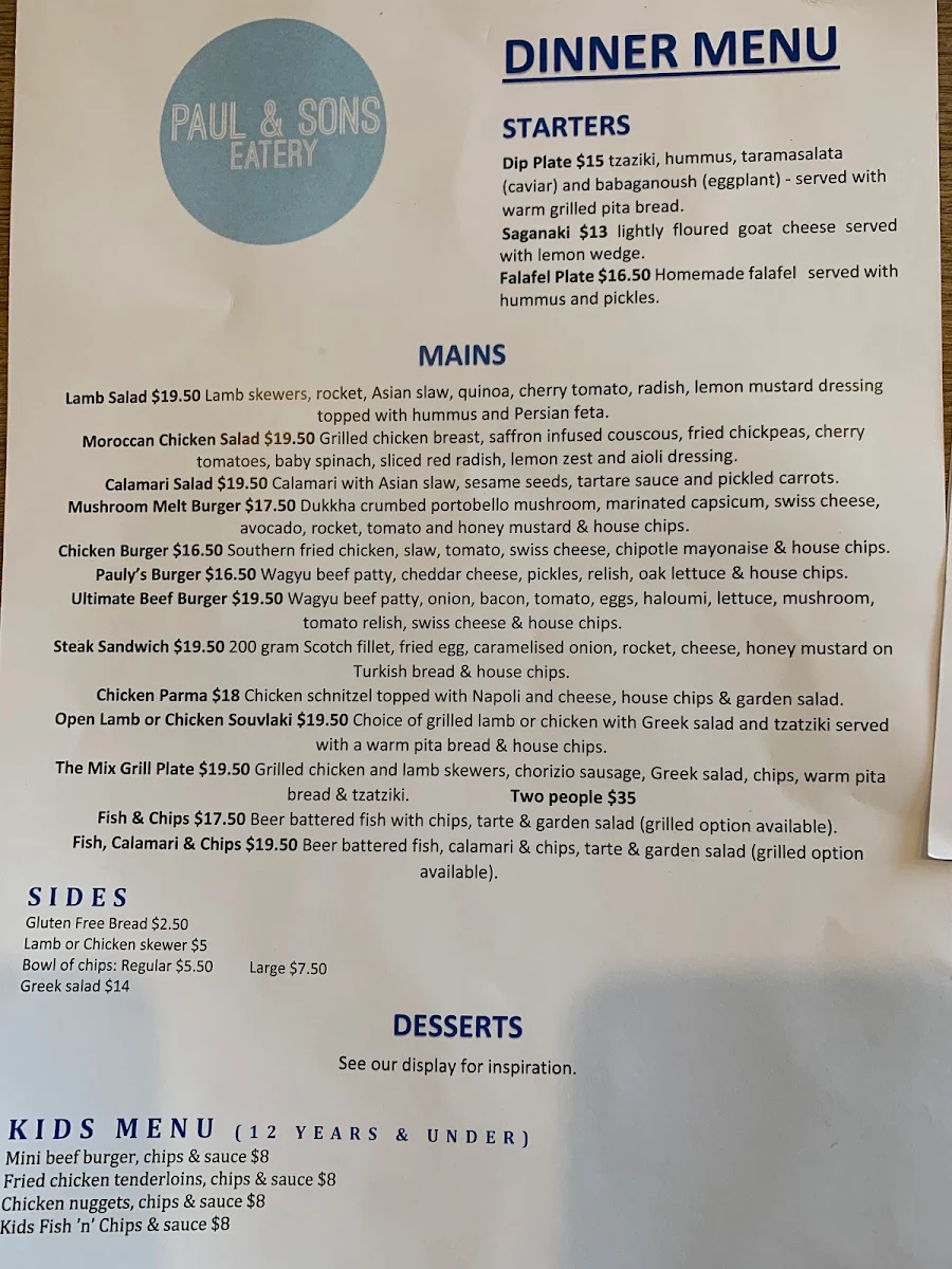 Menu, Paul and Sons Eatery