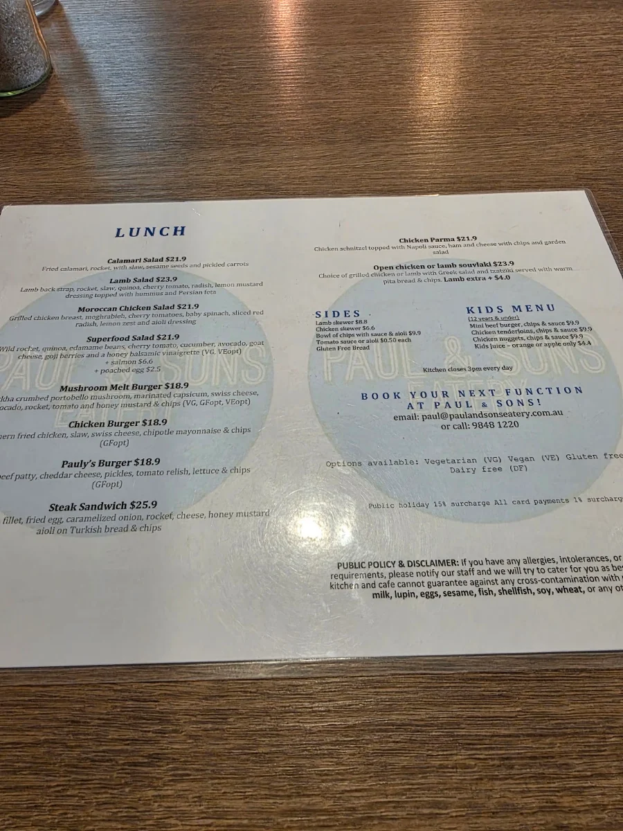 Menu, Paul and Sons Eatery